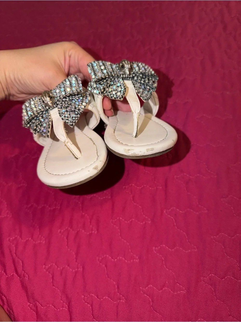 Kurt Geiger White Girls Bow Jeweled T-Strap Sandals